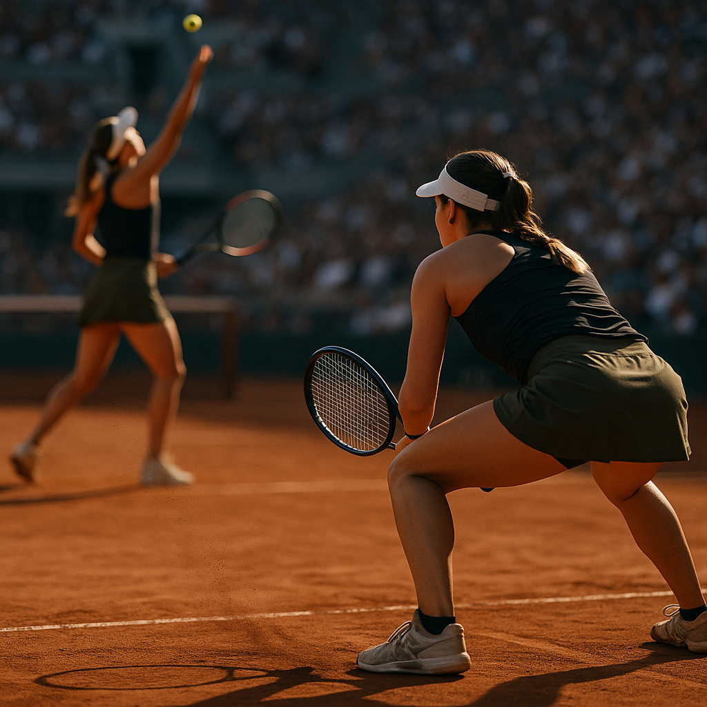 Tense clay-court serve moment at Paris Grand Slam, two focused players poised